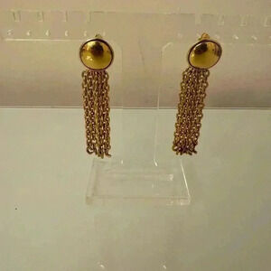 CHANEL Gold Plated Clip-On Chain Dangle/Button Earrings Vintage